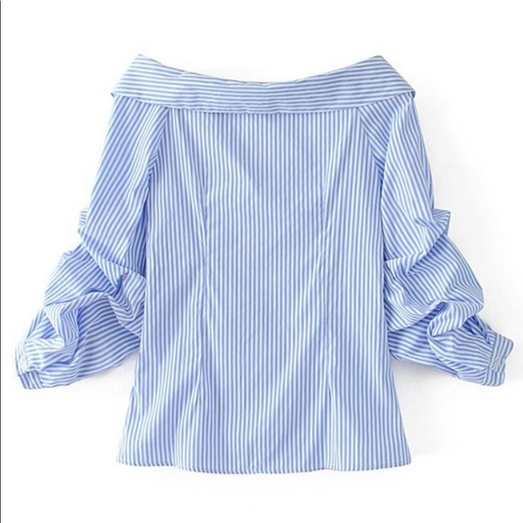 Chic & Sultry – Striped Off-the-Shoulder Button-Up Top - Picture 5 of 7